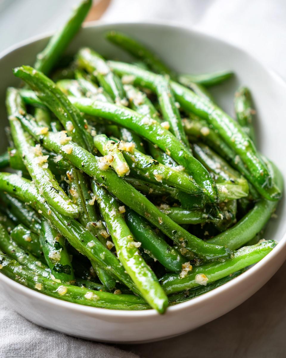 Bowl of garlic green beans, a fresh quick vegetable sides dish with herbs and seasoning.