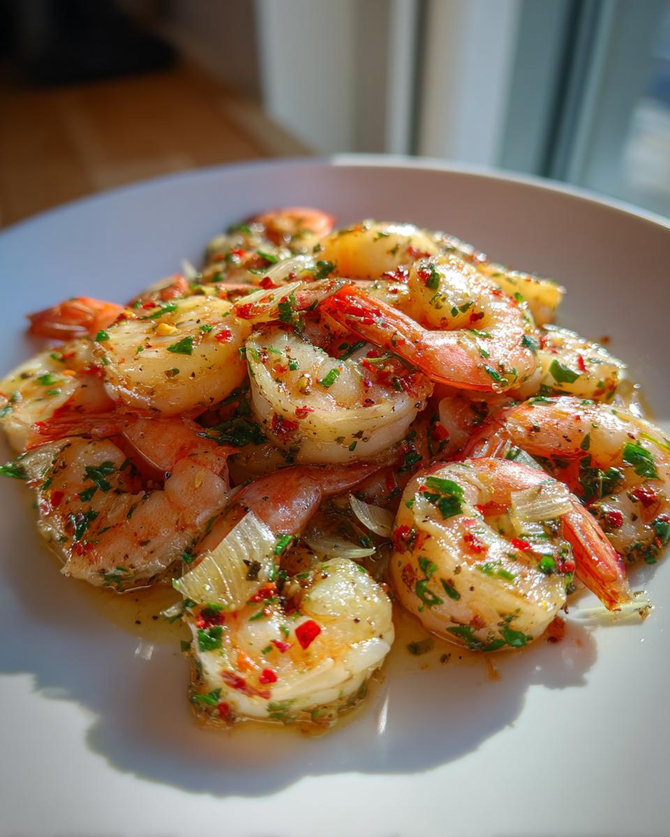 Close-up of cooked shrimp seasoned with garlic, herbs, and red chili flakes on a white plate.