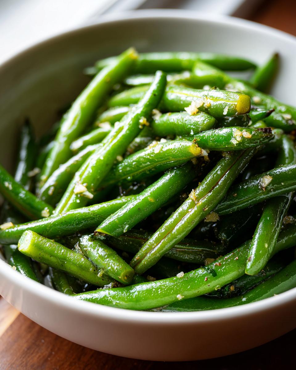 Bowl of garlic sautéed green beans seasoned and glistening, a quick vegetable sides dish.