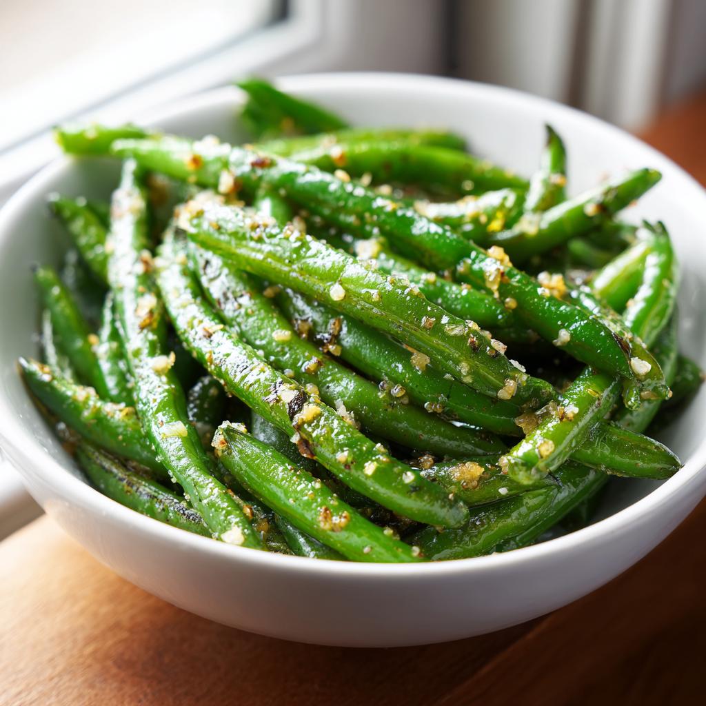 Bowl of garlic sautéed green beans seasoned and glistening, a perfect quick vegetable sides dish.