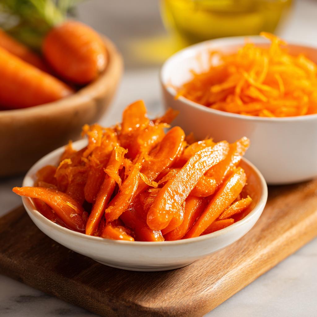 Bowl of glazed carrots served as spring carrot side dishes on wooden board