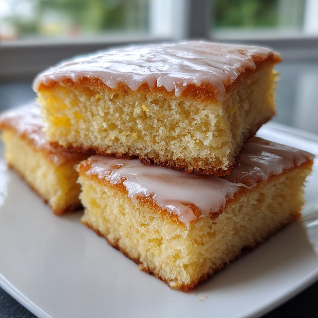 Three glazed simple dessert squares stacked on a white plate with a soft texture