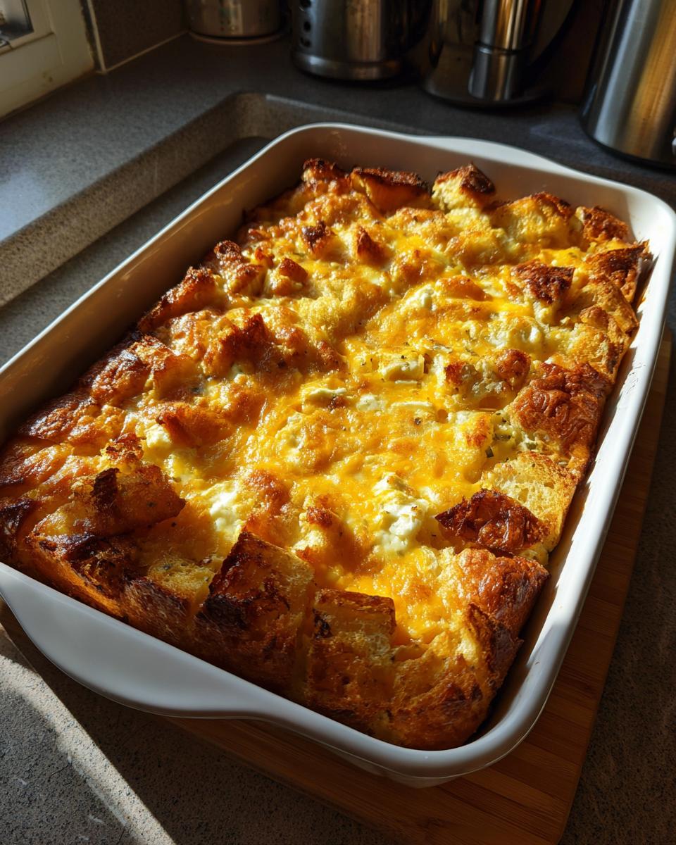 Golden baked Easter brunch casserole with crispy bread and melted cheese in a white baking dish.