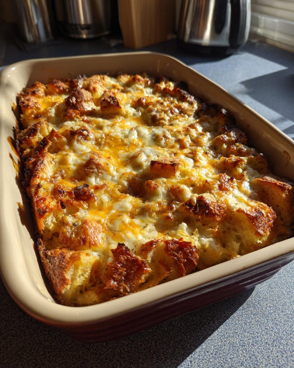 Close-up of a golden baked Easter brunch casserole with melted cheese and bread cubes in a baking dish.