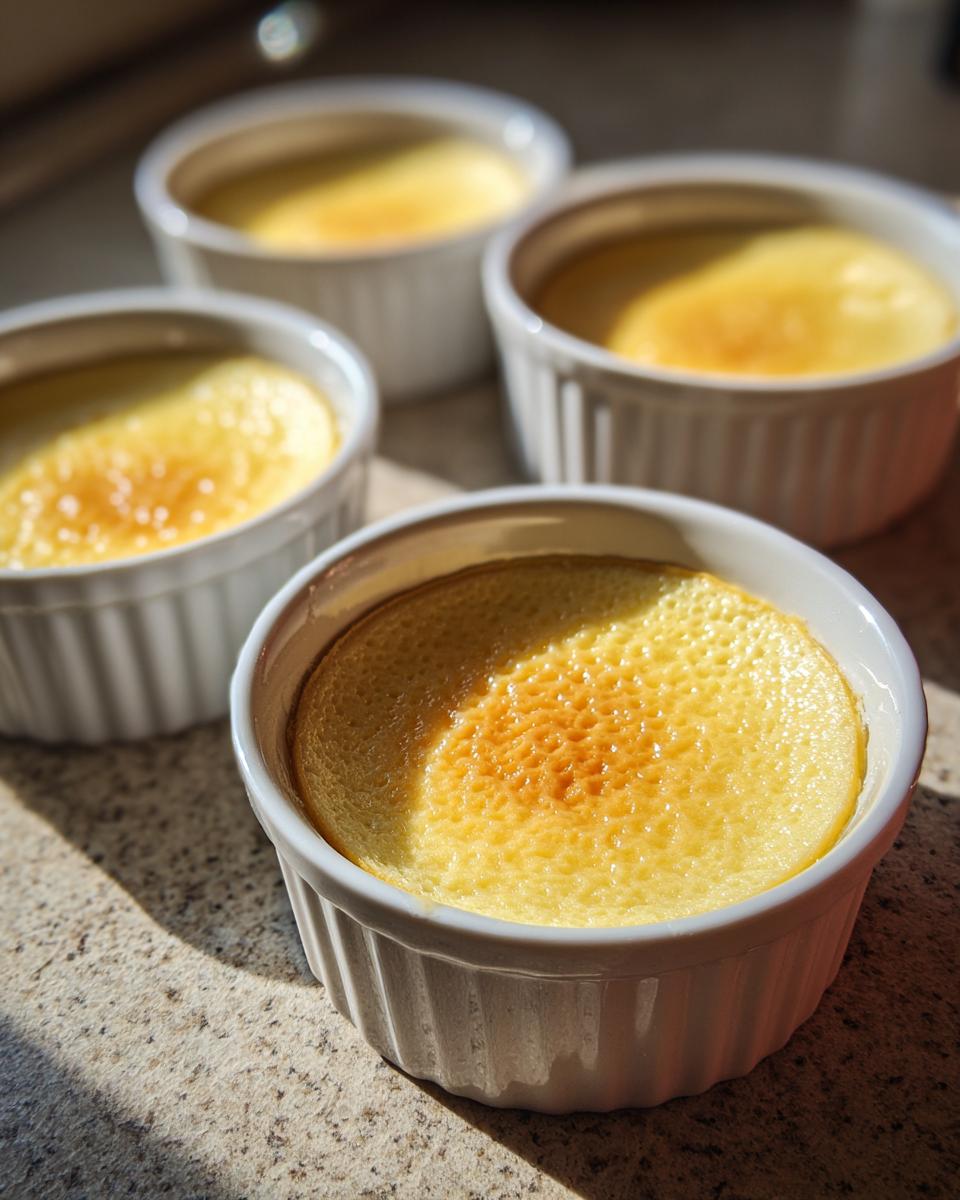 Four golden mini custard dessert cups in white ramekins on a countertop with natural light.