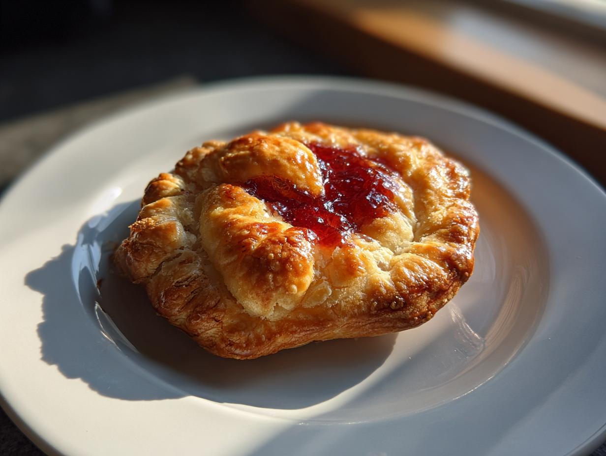 Close-up of a golden mini hand pie with red jam filling on a white plate.