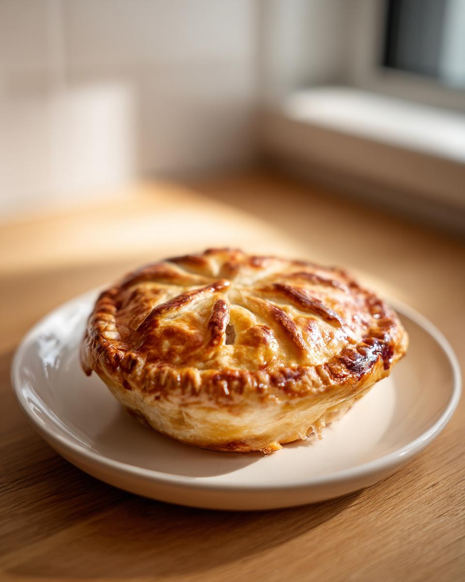 Golden brown mini hand pie with flaky crust on a white plate on wooden surface.