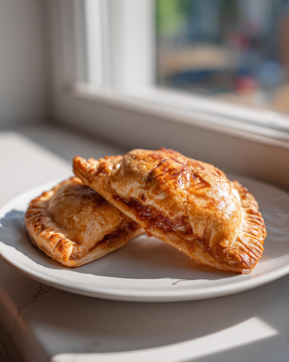 Two golden-brown mini hand pies on a white plate near a sunlit window.
