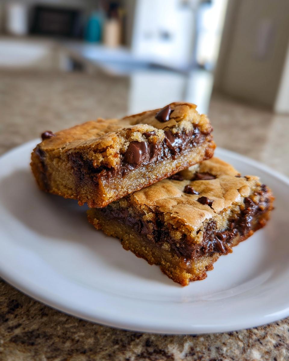 Two gooey chocolate chip dessert bars stacked on a white plate on a kitchen counter.