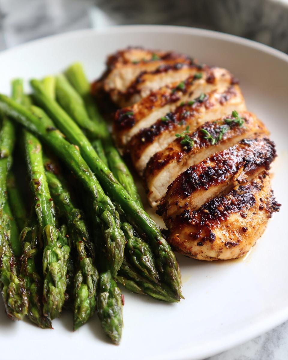 Grilled sliced chicken breast with fresh asparagus on a white plate for April seasonal dinner recipes