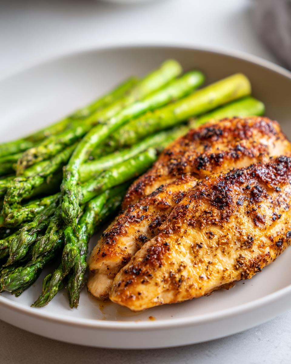 Grilled seasoned chicken breast with roasted asparagus on a white plate for April seasonal dinner recipes