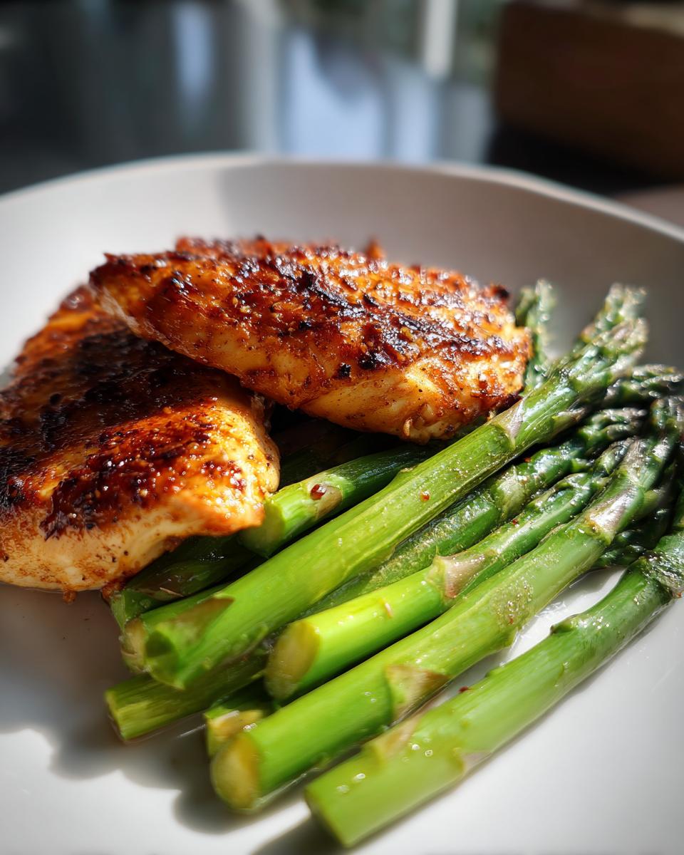 Grilled chicken breast with char marks served with fresh asparagus on a white plate.