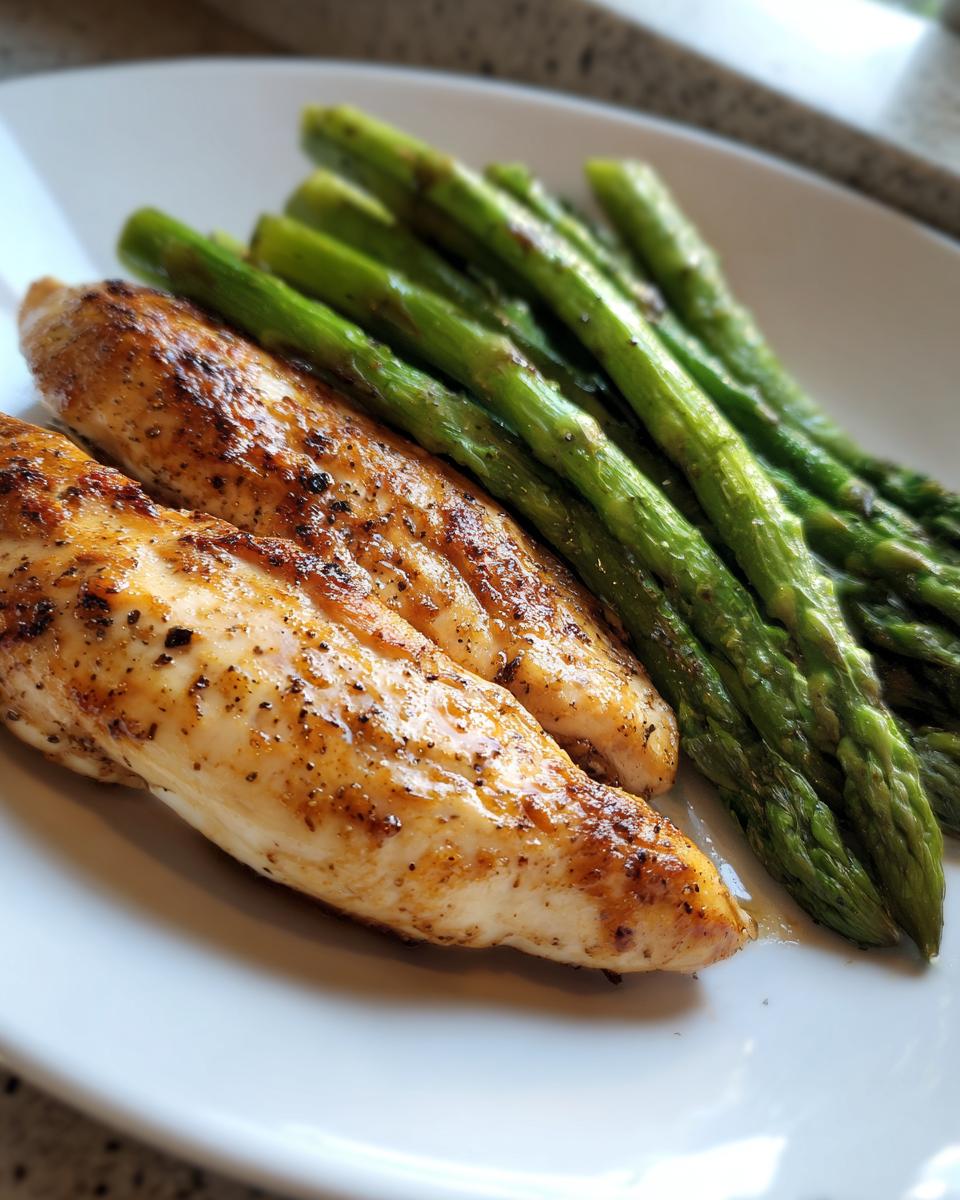 Grilled chicken breasts served with roasted asparagus on a white plate for April seasonal dinner recipes