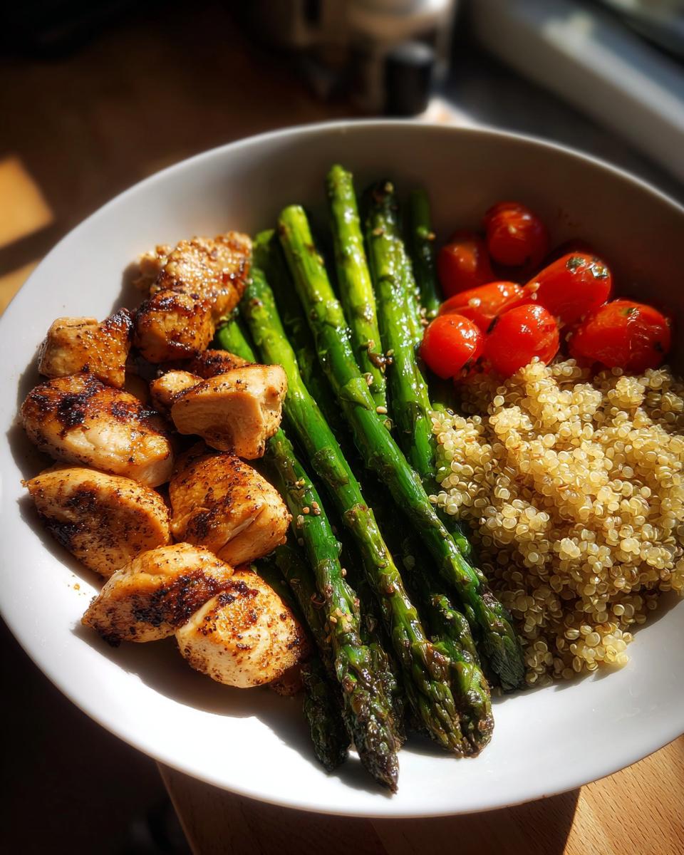 Grilled chicken, roasted asparagus, cherry tomatoes, and quinoa in a bowl for spring protein packed meals.
