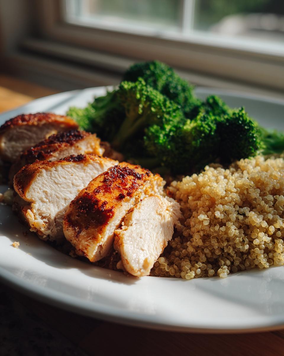 Plate of grilled chicken breast slices with quinoa and steamed broccoli for high protein dinner ideas