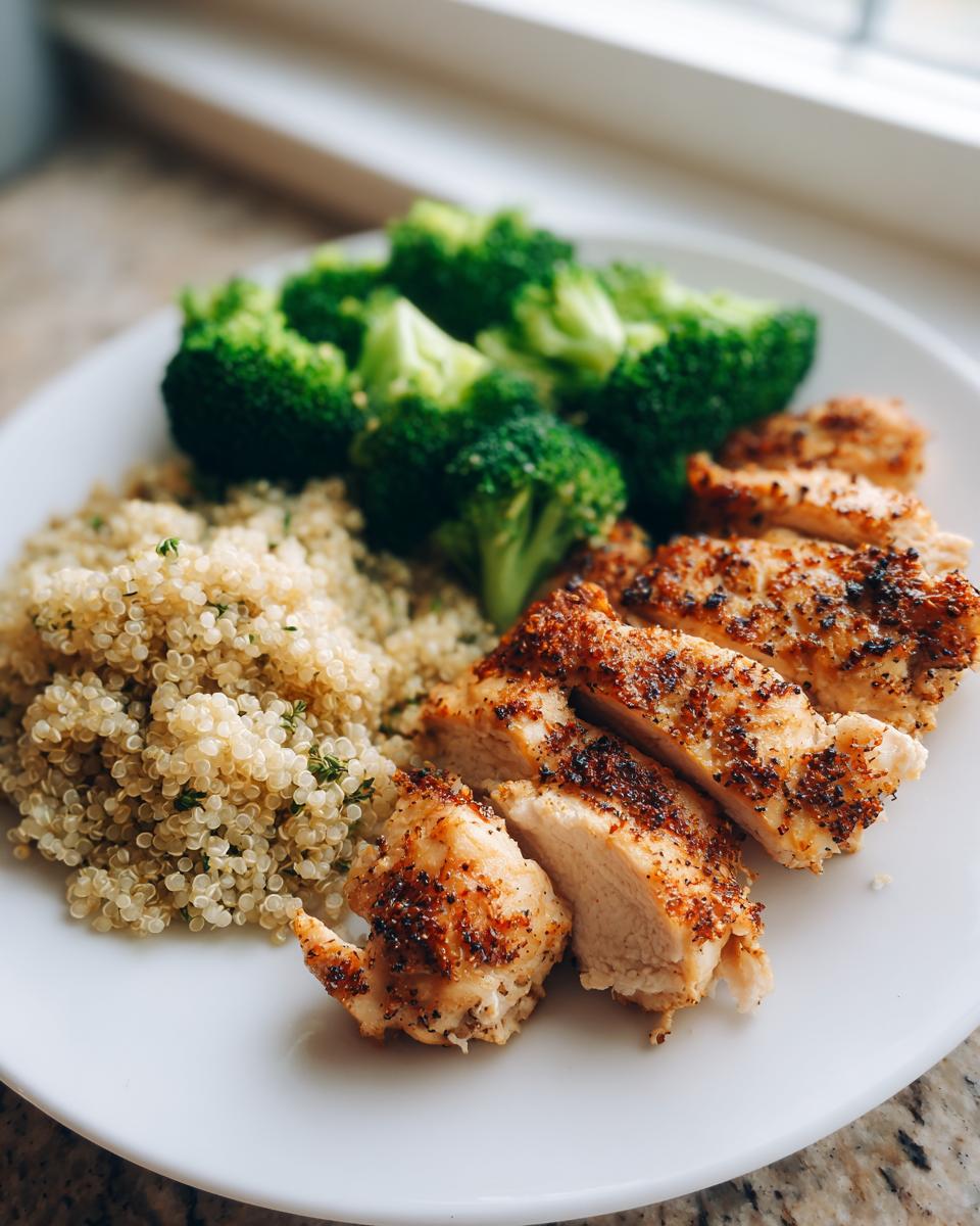 Plate with grilled chicken breast, quinoa, and steamed broccoli for high protein dinner ideas