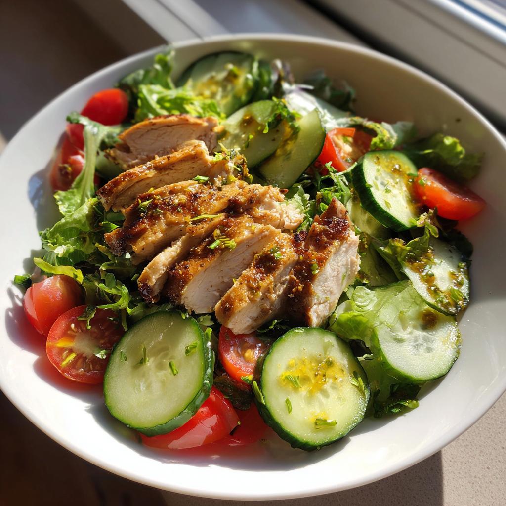 Grilled chicken slices on a bed of lettuce, cucumber, and cherry tomatoes in a white bowl