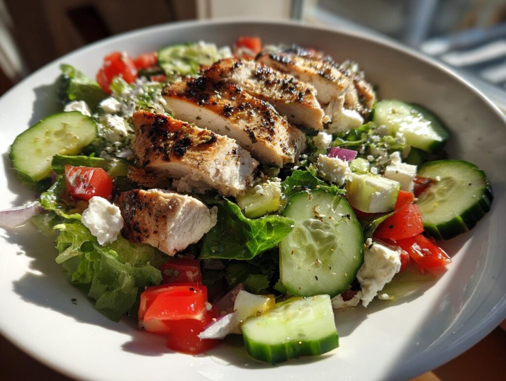 Grilled chicken breast slices on fresh salad with cucumbers, tomatoes, and feta cheese