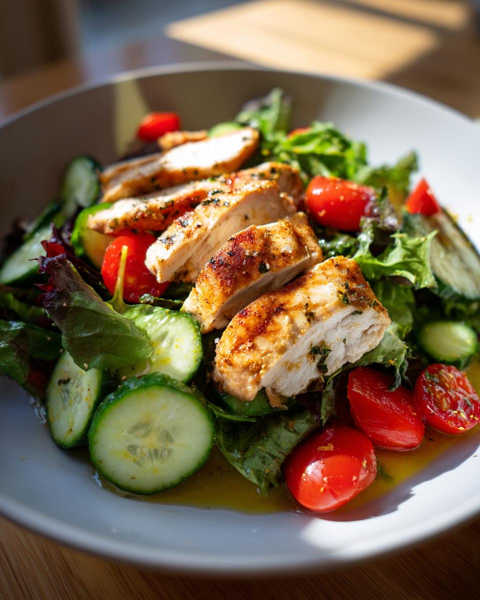 Grilled chicken slices on a bed of leafy greens, cucumber, and cherry tomatoes in a bowl