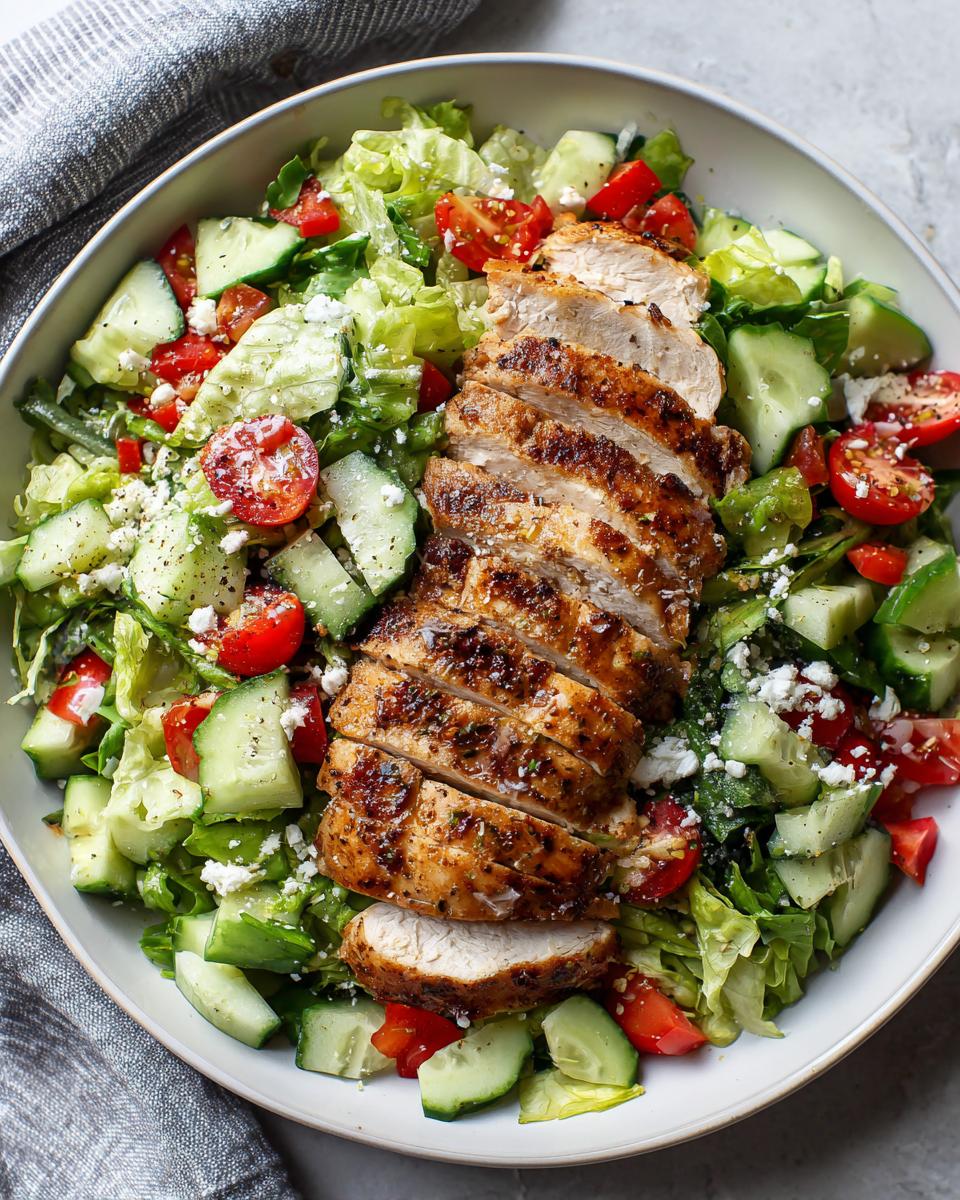 Grilled chicken breast sliced on a bed of fresh salad with cucumbers, tomatoes, and lettuce, a simple low calorie meals option.