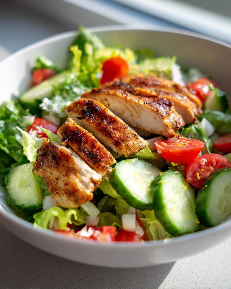 Grilled chicken breast slices on fresh salad with cucumbers and tomatoes, simple low calorie meals