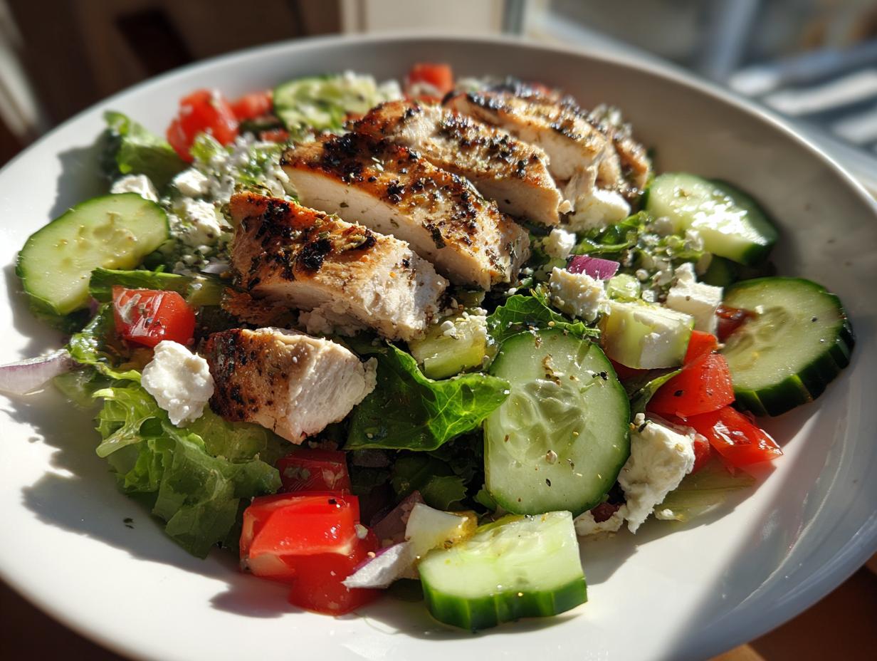 Grilled chicken breast slices on fresh salad with cucumbers, tomatoes, and feta cheese