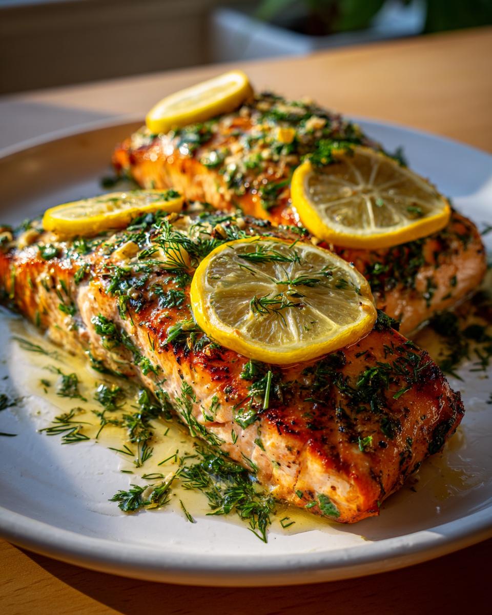 Grilled salmon fillets topped with lemon slices and fresh herbs on a white plate