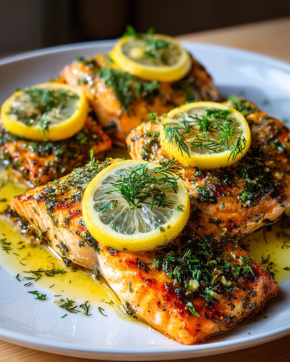 Grilled salmon fillets topped with lemon slices and fresh herbs on a white plate