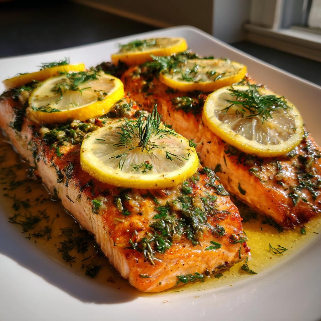Two grilled salmon fillets topped with lemon slices and fresh herbs on a white plate