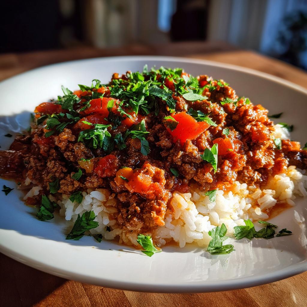 Plate of ground beef with tomato sauce and herbs served over white rice, a simple everyday dinner idea