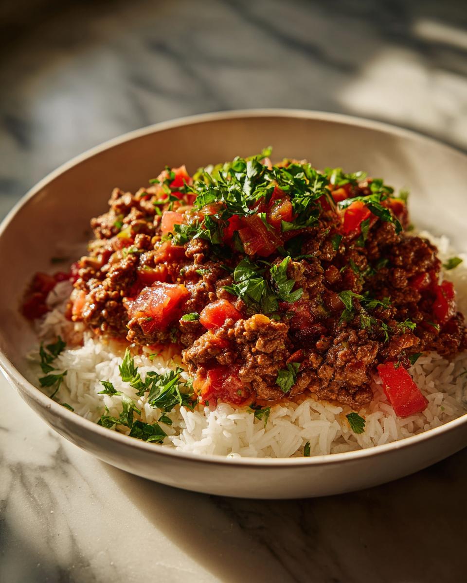 Bowl of ground beef with tomatoes and herbs served over white rice for simple everyday dinner ideas
