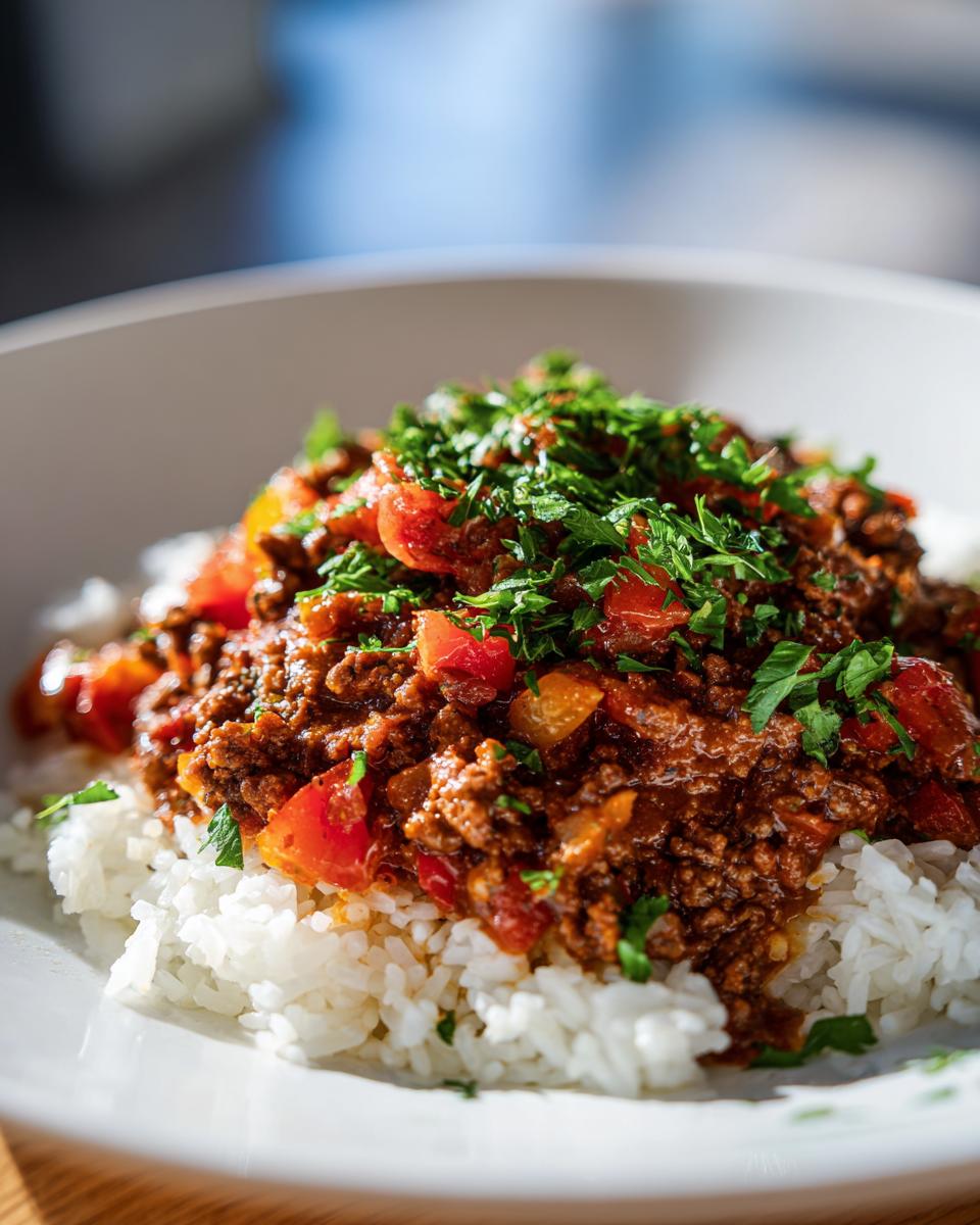 Plate of ground beef with tomato sauce and herbs served over white rice, a simple everyday dinner idea