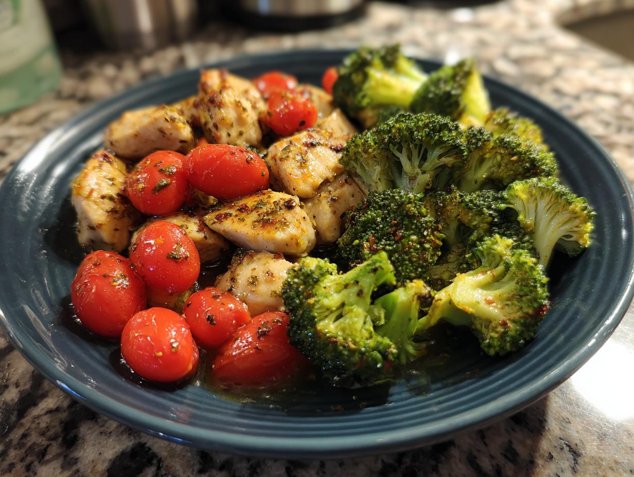 Plate of grilled chicken, cherry tomatoes, and roasted broccoli for fast healthy dinner recipes
