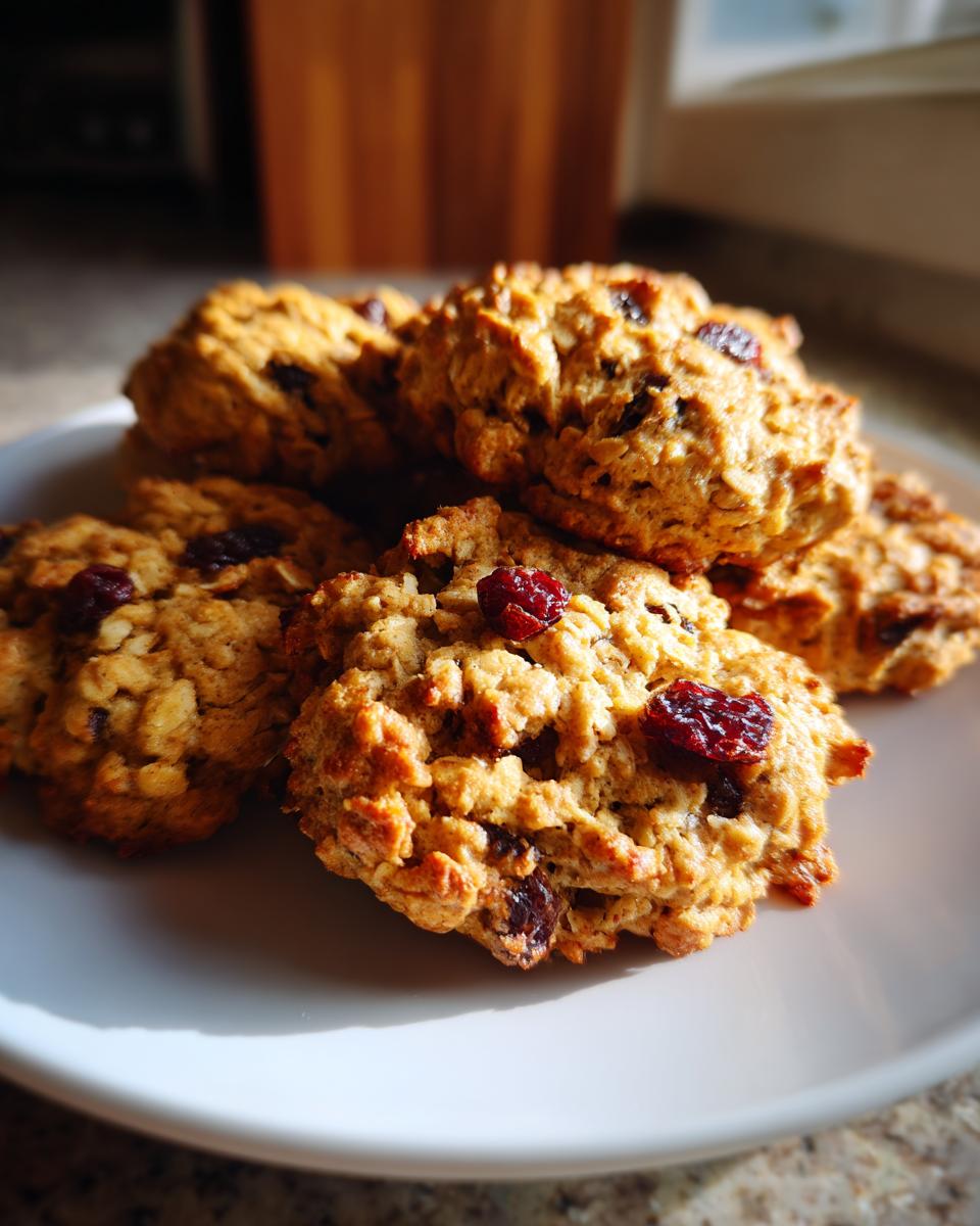 Plate of oatmeal cookies with dried cranberries, representing healthy dessert ideas.