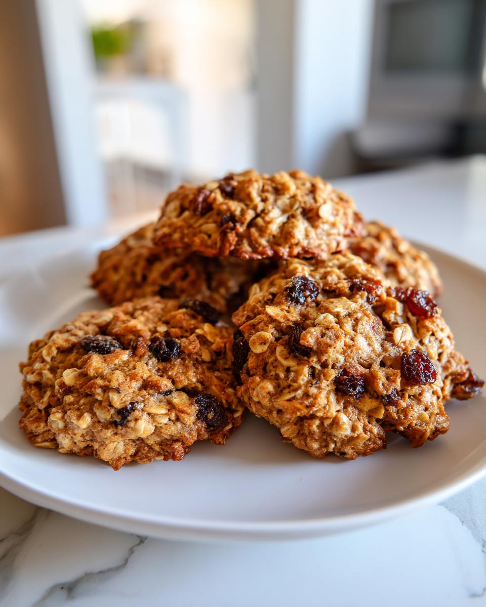 Plate of homemade oatmeal raisin cookies, a simple healthy dessert ideas option.