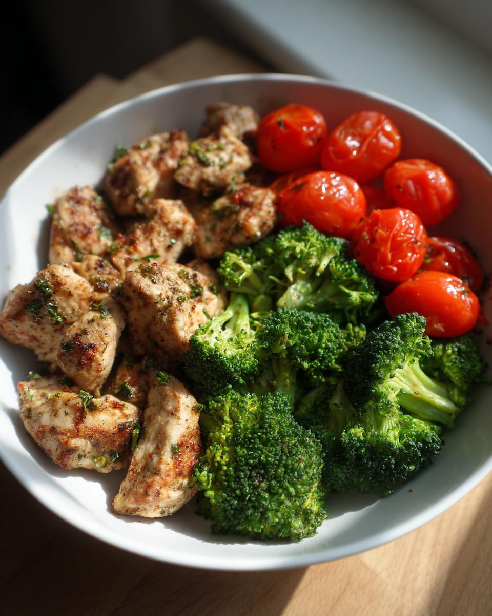 Bowl of grilled chicken, steamed broccoli, and roasted cherry tomatoes for fast healthy dinner recipes