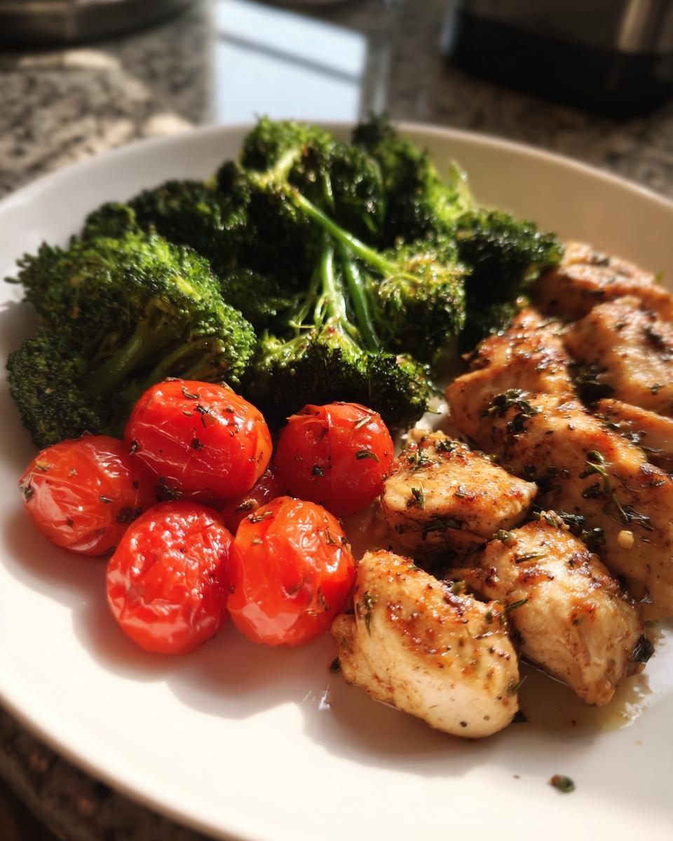 Plate of grilled chicken, roasted cherry tomatoes, and steamed broccoli for fast healthy dinner recipes
