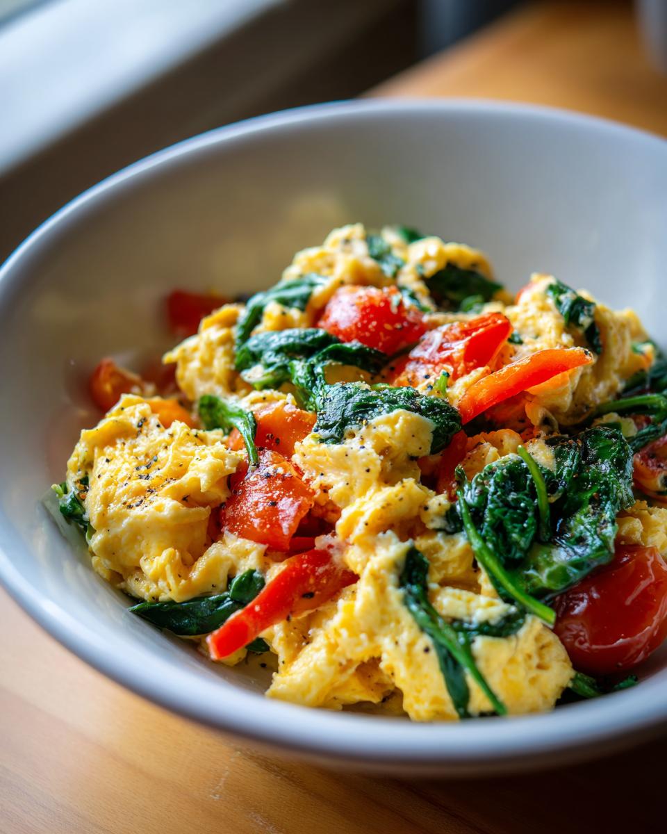 Bowl of healthy egg breakfast recipes scramble with spinach and cherry tomatoes.