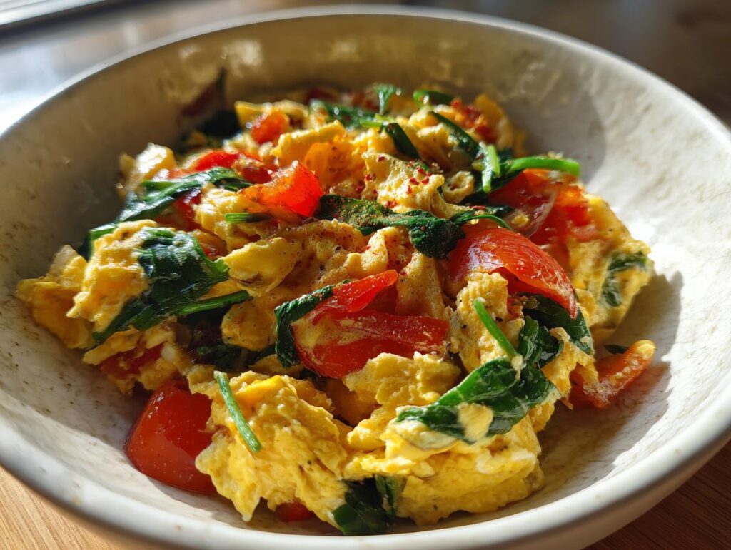 Bowl of healthy egg breakfast scramble with spinach and tomatoes