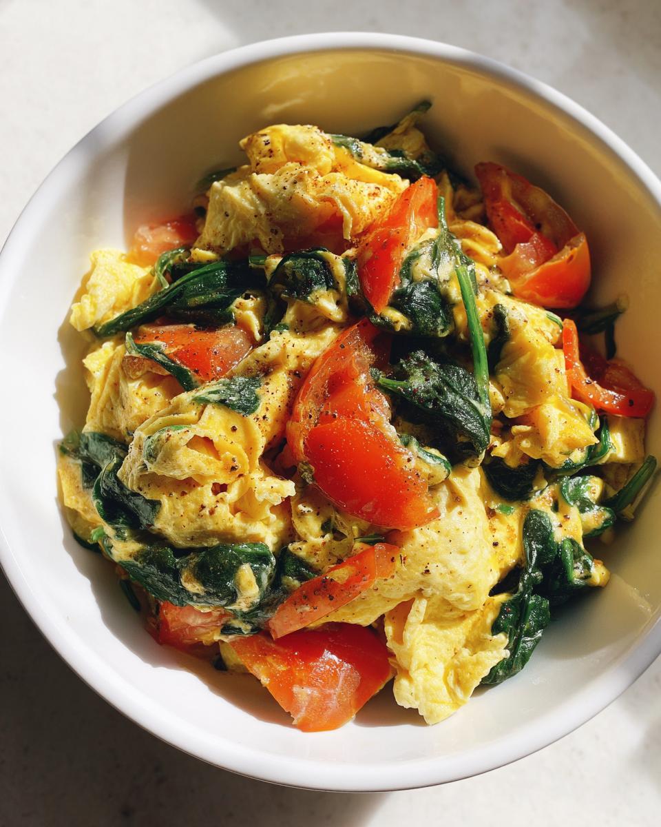 Bowl of scrambled eggs with spinach and tomato, a healthy egg breakfast recipes option.