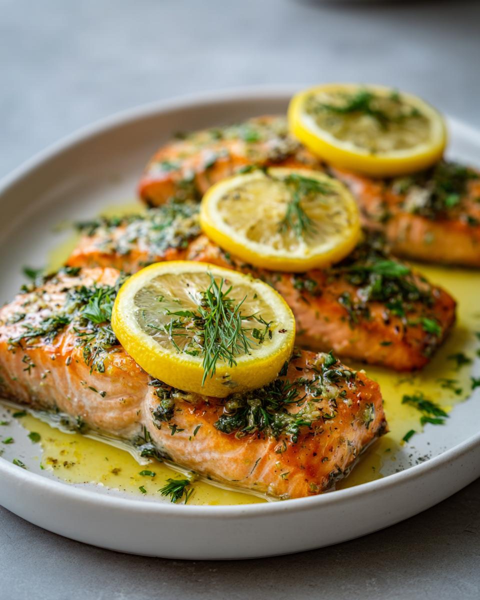 Three cooked salmon fillets topped with lemon slices and herbs on a white plate