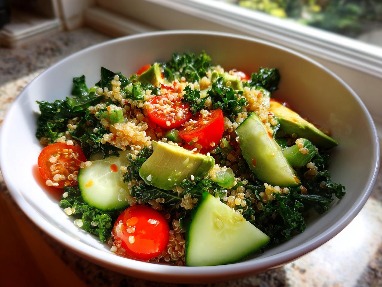 Healthy grain bowl recipes featuring quinoa, cherry tomatoes, cucumber, kale, and avocado in a white bowl.