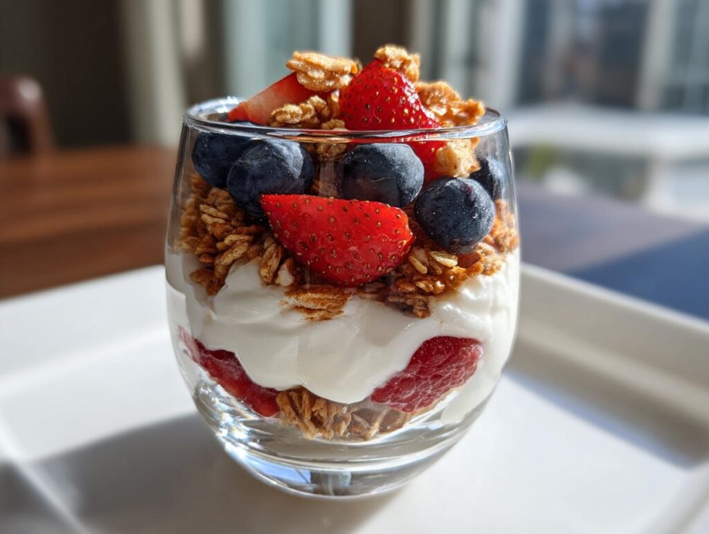 Glass cup filled with healthy school snacks yogurt parfait layered with strawberries, blueberries, granola, and creamy yogurt.