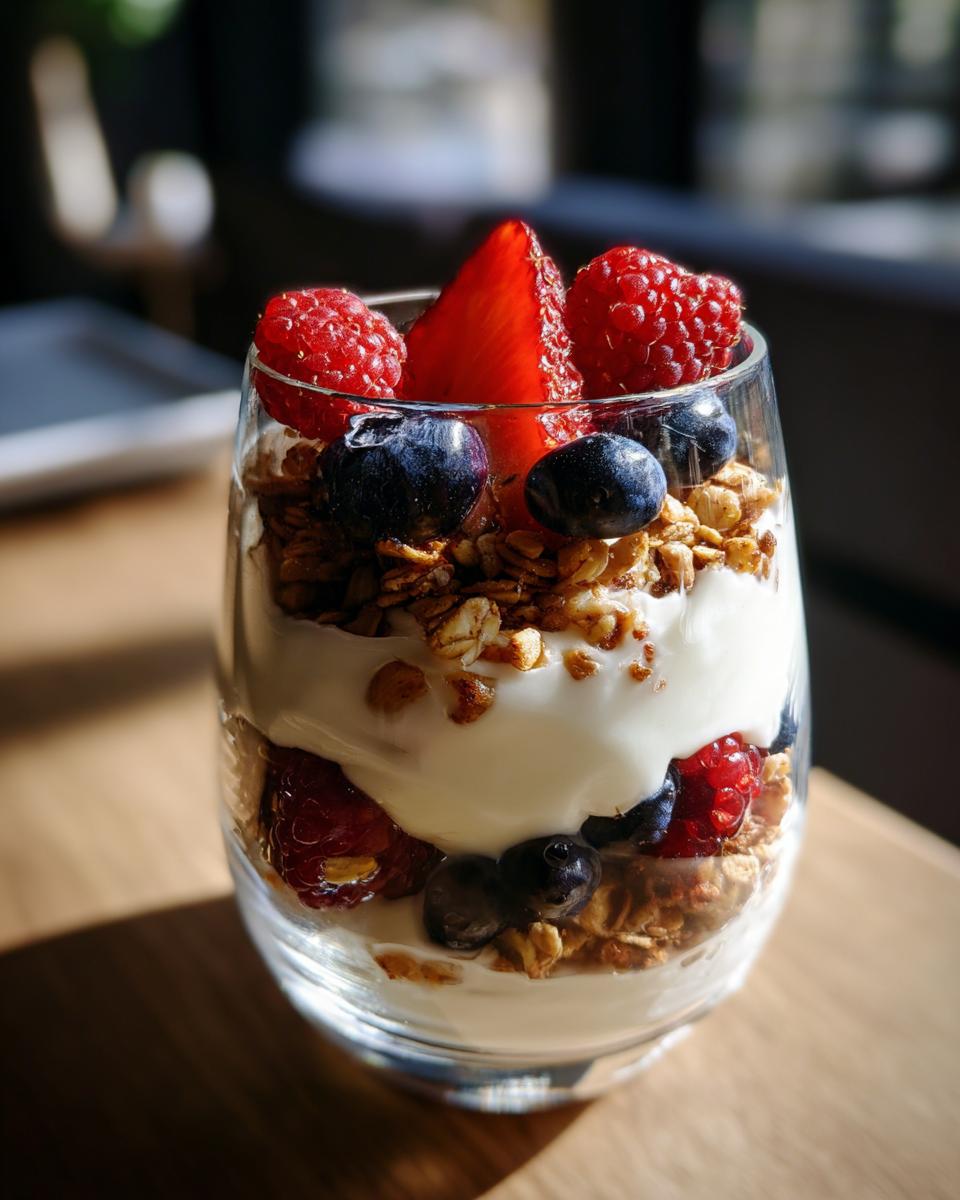 Glass of yogurt parfait with granola, blueberries, raspberries, and a strawberry slice on top.