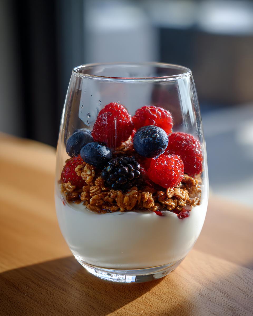 Glass of yogurt parfait topped with granola, raspberries, blueberries, and blackberries as healthy school snacks