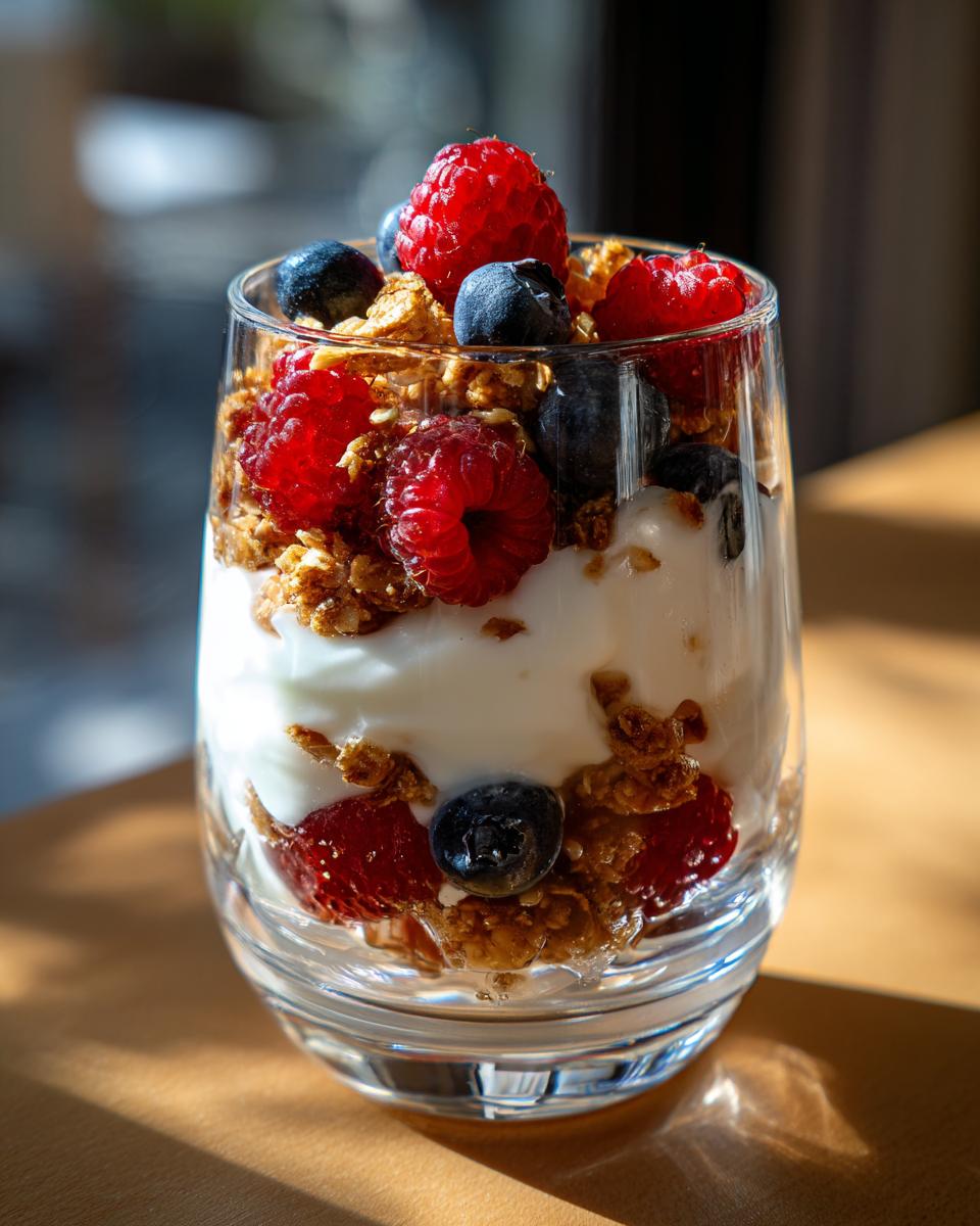 Glass of yogurt parfait with granola, raspberries, and blueberries as healthy school snacks.