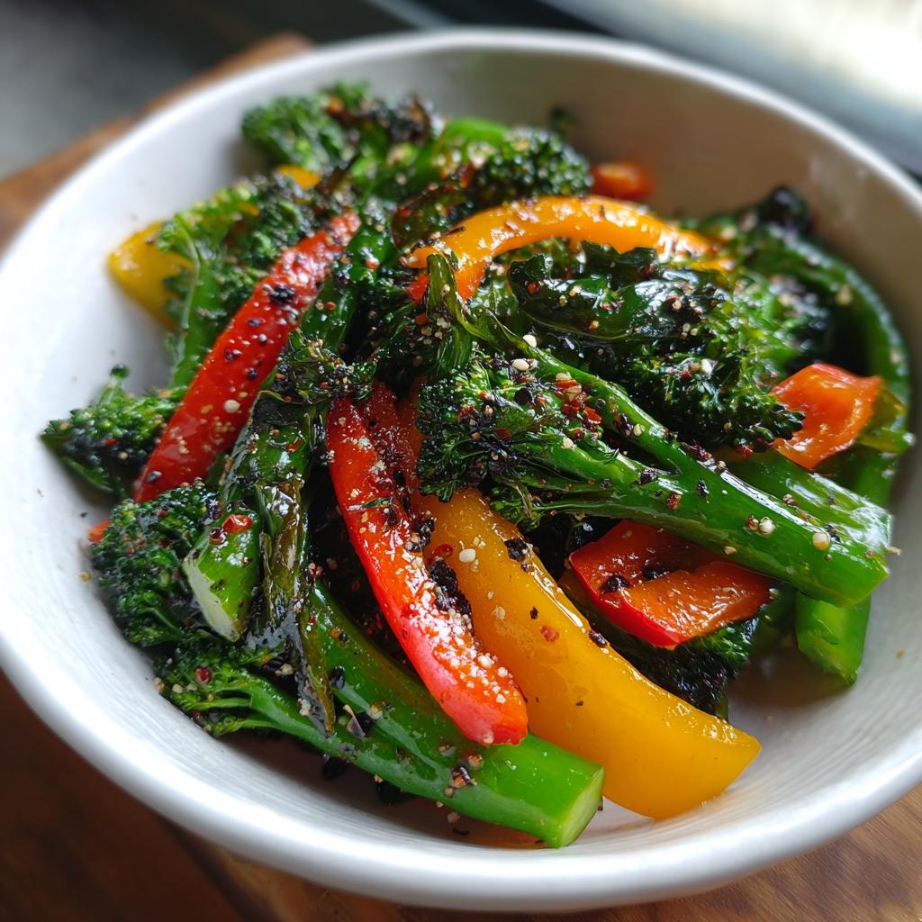 Bowl of vibrant healthy vegetable side recipes with broccoli and bell peppers seasoned with spices.