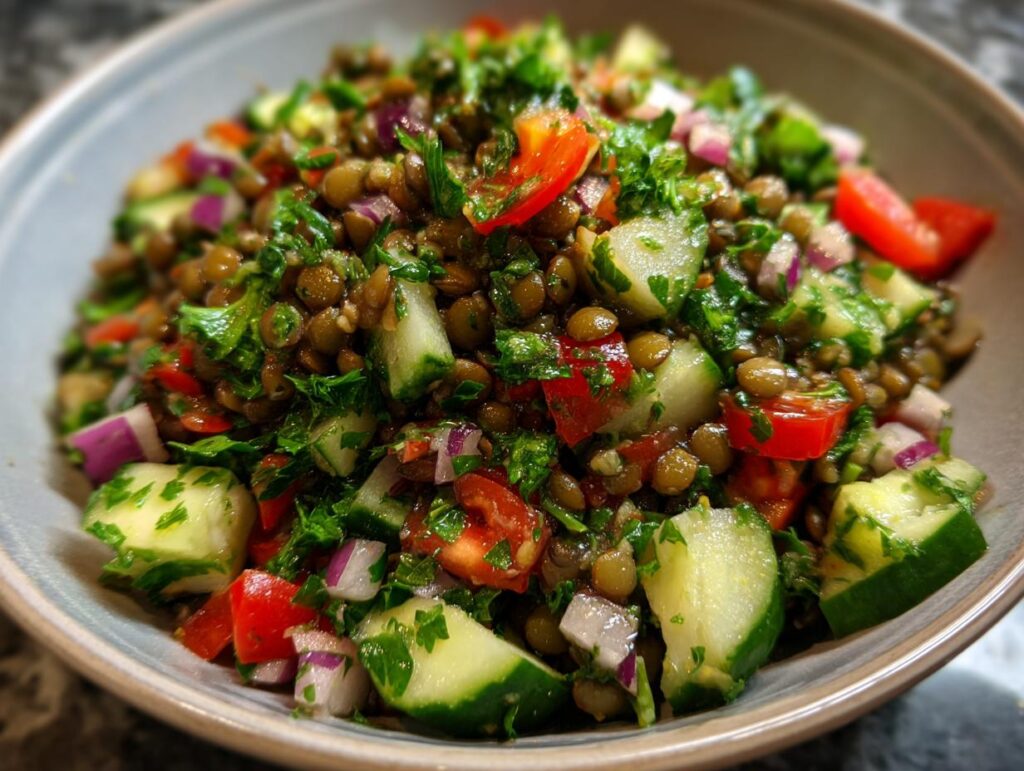 Bowl of healthy vegetarian lunches with lentils, cucumber, tomato, red onion, and herbs