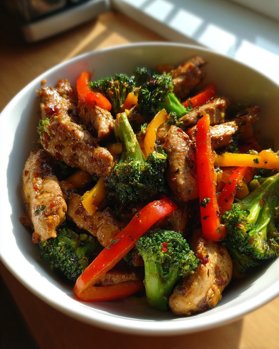 Bowl of healthy weeknight dinners stir-fry with chicken, broccoli, and colorful bell peppers.