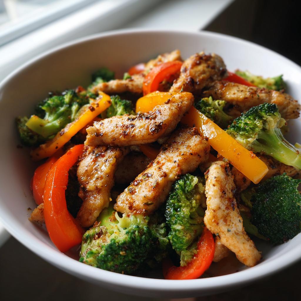 Bowl of chicken stir-fry with broccoli and bell peppers, a healthy weeknight dinners option.